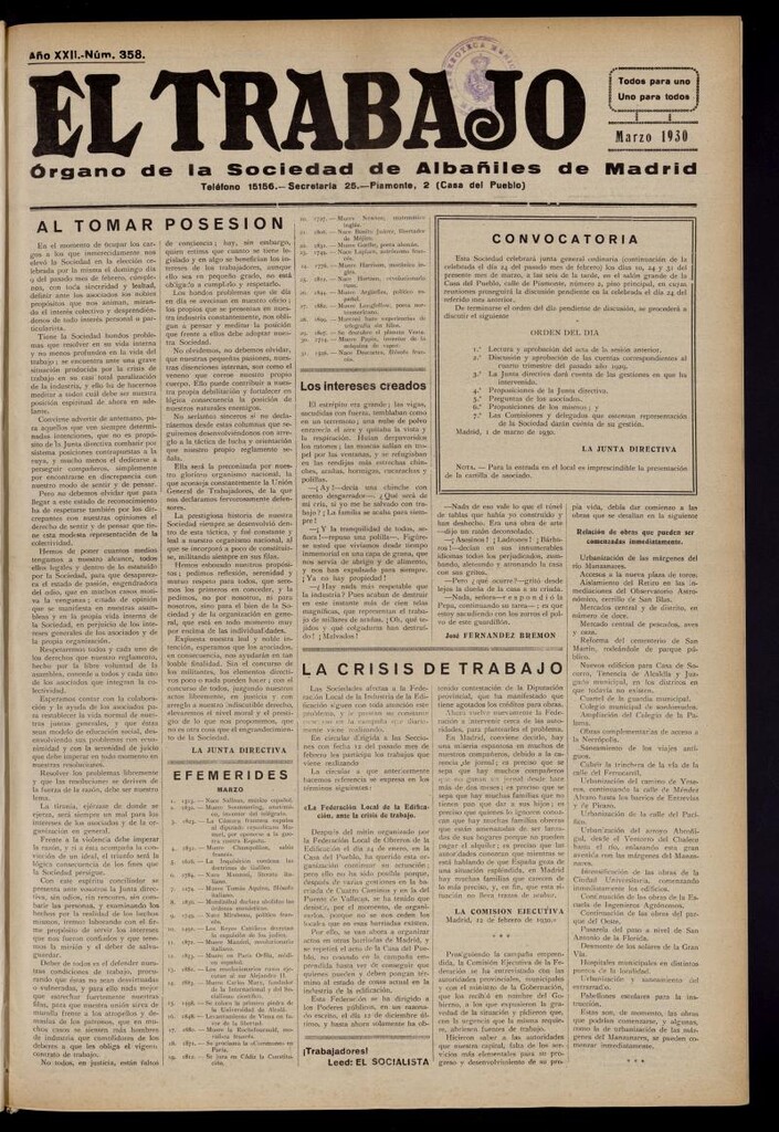 Miniatura de El Trabajo: órgano de la Sociedad de Albañiles de Madrid del 1 de marzo de 1930, nº 358
