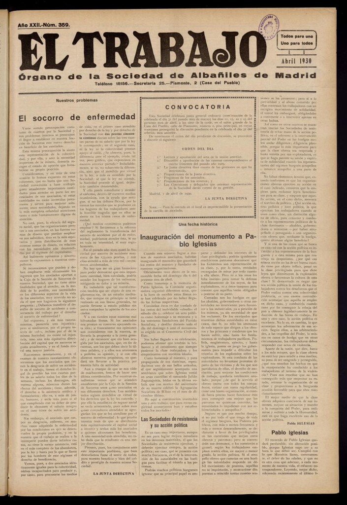 Miniatura de El Trabajo: órgano de la Sociedad de Albañiles de Madrid del 1 de abril de 1930, nº 359