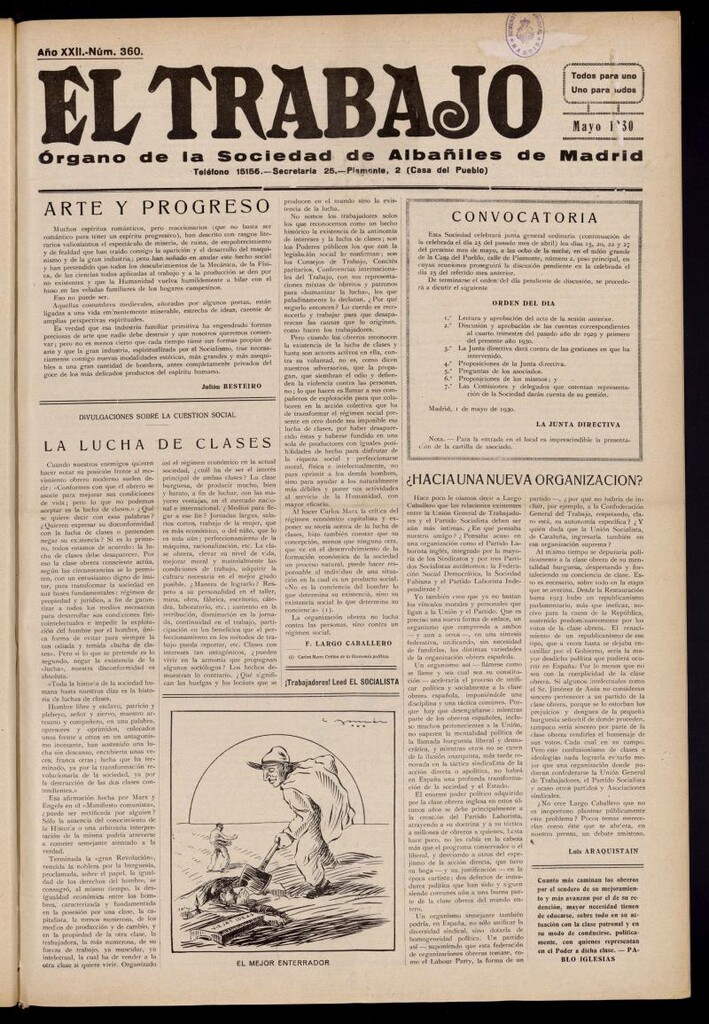 Miniatura de El Trabajo: órgano de la Sociedad de Albañiles de Madrid del 1 de mayo de 1930, nº 360