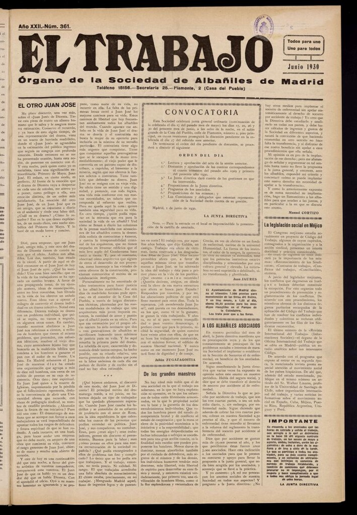 Miniatura de El Trabajo: órgano de la Sociedad de Albañiles de Madrid del 1 de junio de 1930, nº 361
