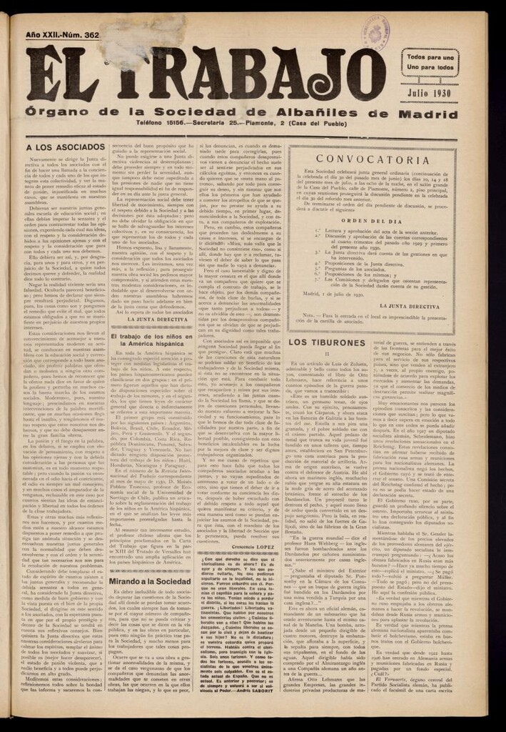 Miniatura de El Trabajo: órgano de la Sociedad de Albañiles de Madrid del 1 de julio de 1930, nº 362
