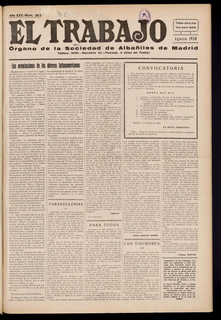 Miniatura de El Trabajo: órgano de la Sociedad de Albañiles de Madrid del 1 de agosto de 1930, nº 363