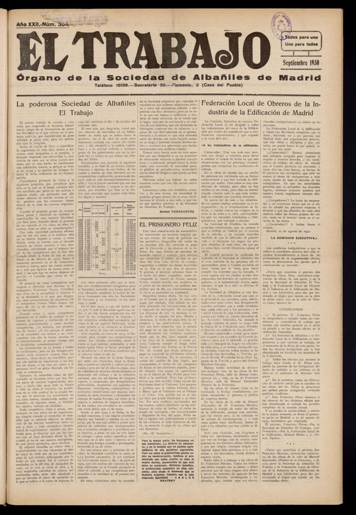 Miniatura de El Trabajo: órgano de la Sociedad de Albañiles de Madrid de 1 de septiembre de 1930, nº 364