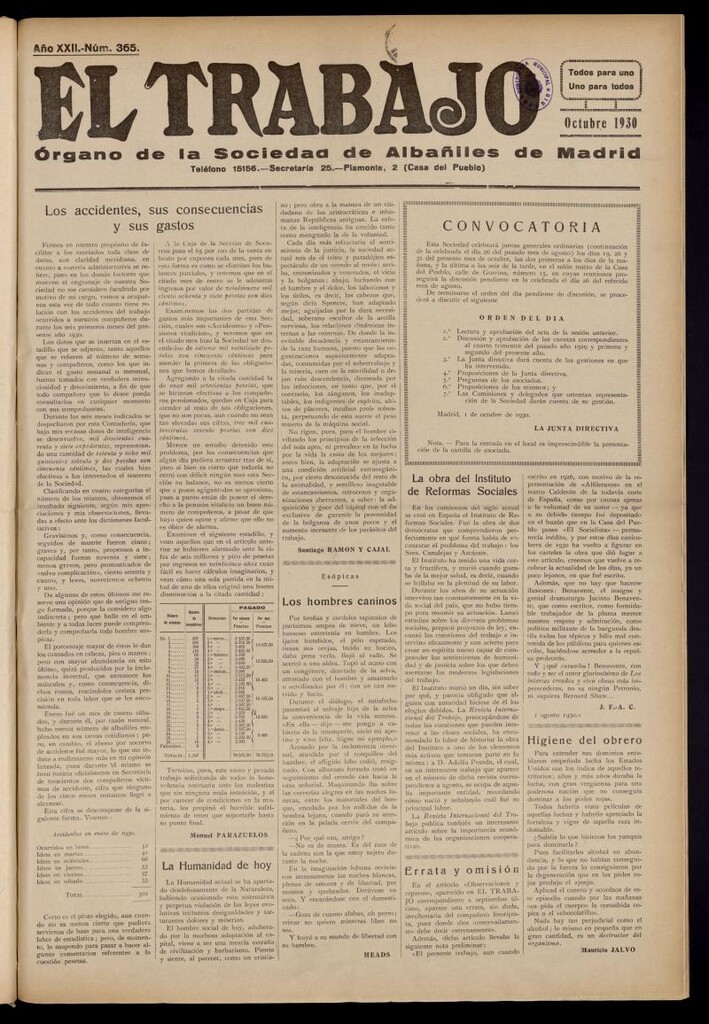 Miniatura de El Trabajo: órgano de la Sociedad de Albañiles de Madrid del 1 de octubre de 1930, nº 365