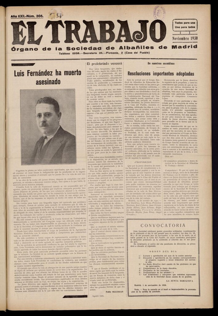Miniatura de El Trabajo: órgano de la Sociedad de Albañiles de Madrid del 1 de noviembre de 1930, nº 366