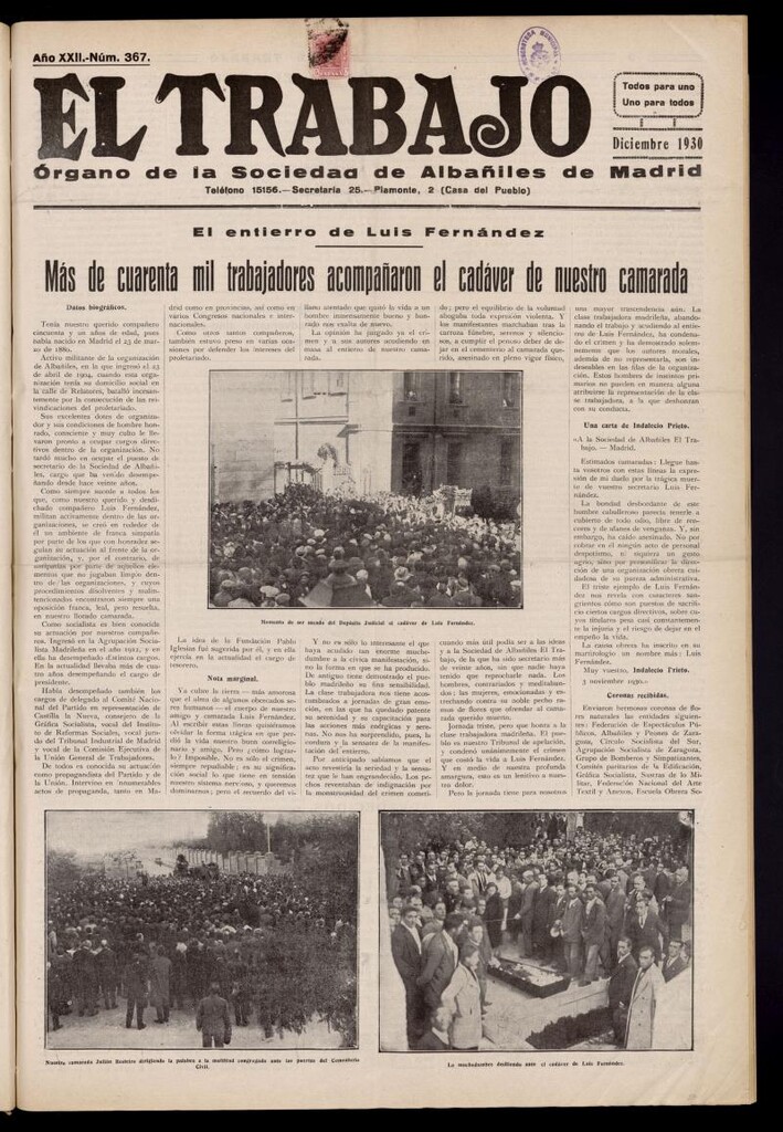 Miniatura de El Trabajo: órgano de la Sociedad de Albañiles de Madrid del 12 de diciembre de 1930, nº 367