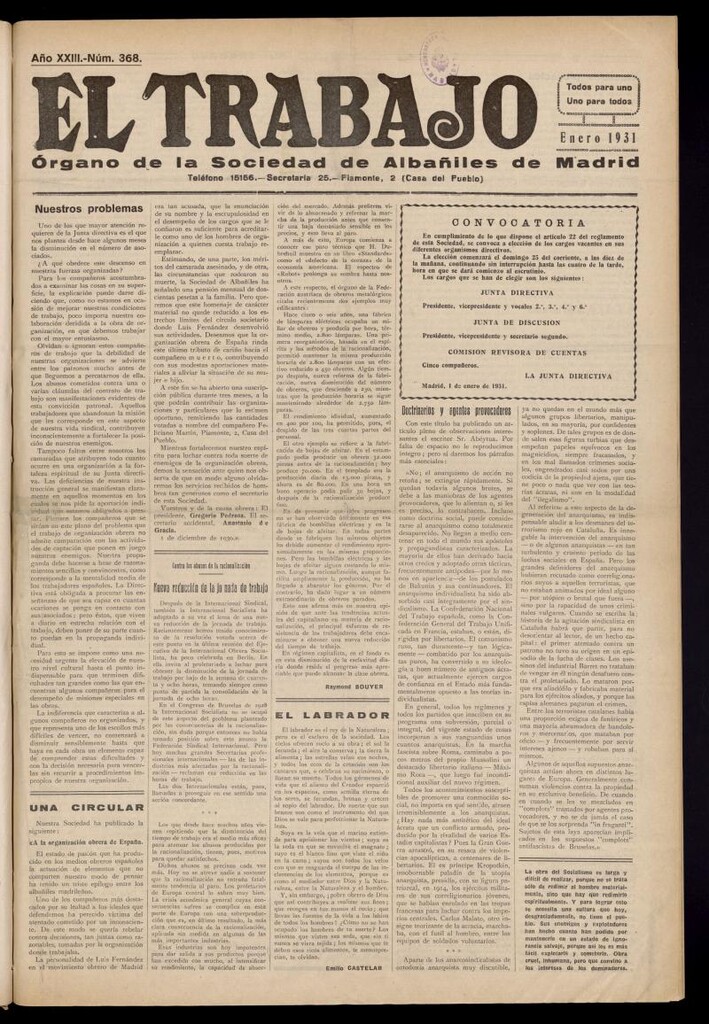 Miniatura de El Trabajo: órgano de la Sociedad de Albañiles de Madrid del 1 de enero de 1931, nº 368