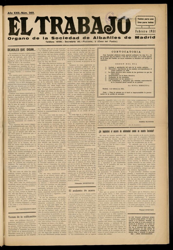 Miniatura de El Trabajo: órgano de la Sociedad de Albañiles de Madrid del 1 de febrero de 1931, nº 369