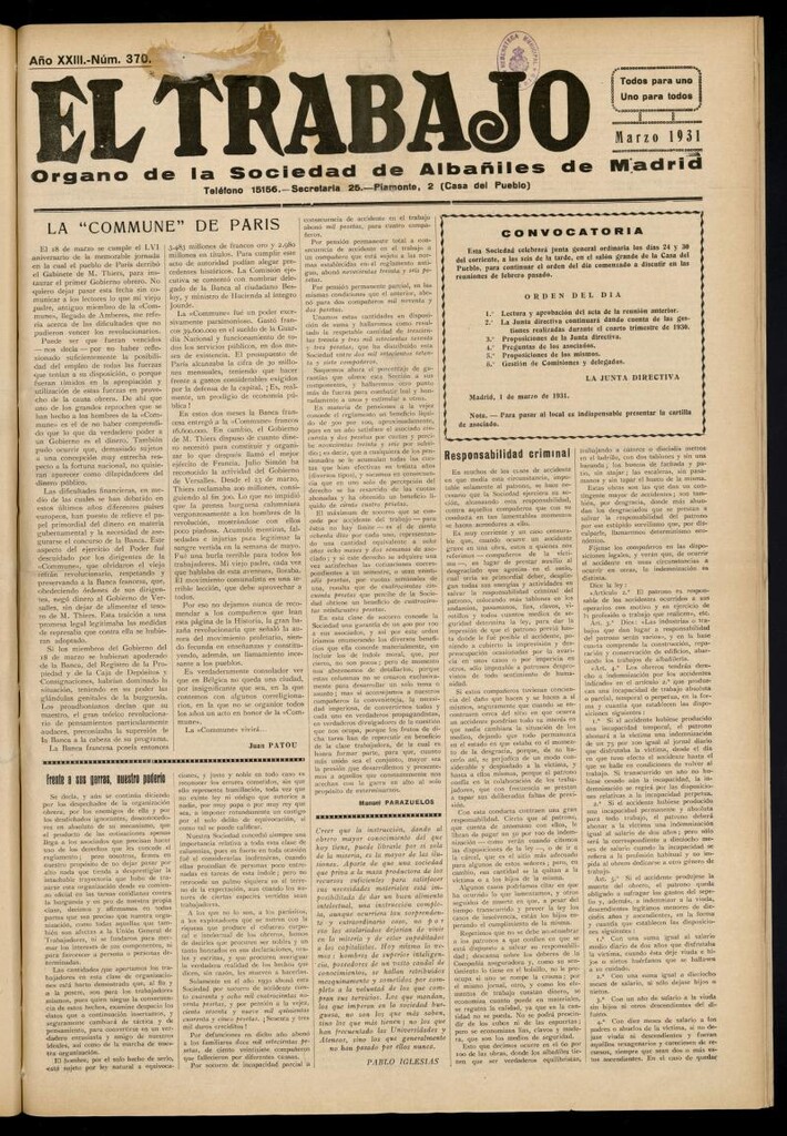 Miniatura de El Trabajo: órgano de la Sociedad de Albañiles de Madrid del 1 de marzo de 1931, nº 370