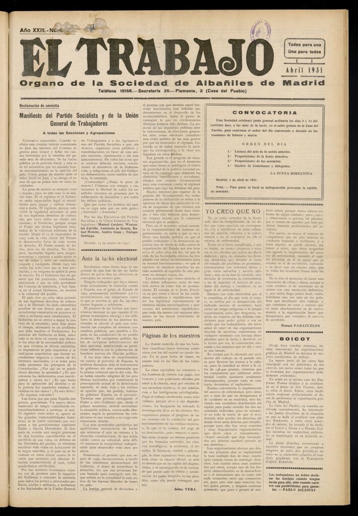 Miniatura de El Trabajo: órgano de la Sociedad de Albañiles de Madrid del 1 de abril de 1931, nº 371