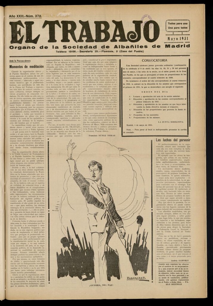 Miniatura de El Trabajo: órgano de la Sociedad de Albañiles de Madrid del 1 de mayo de 1931, nº 372