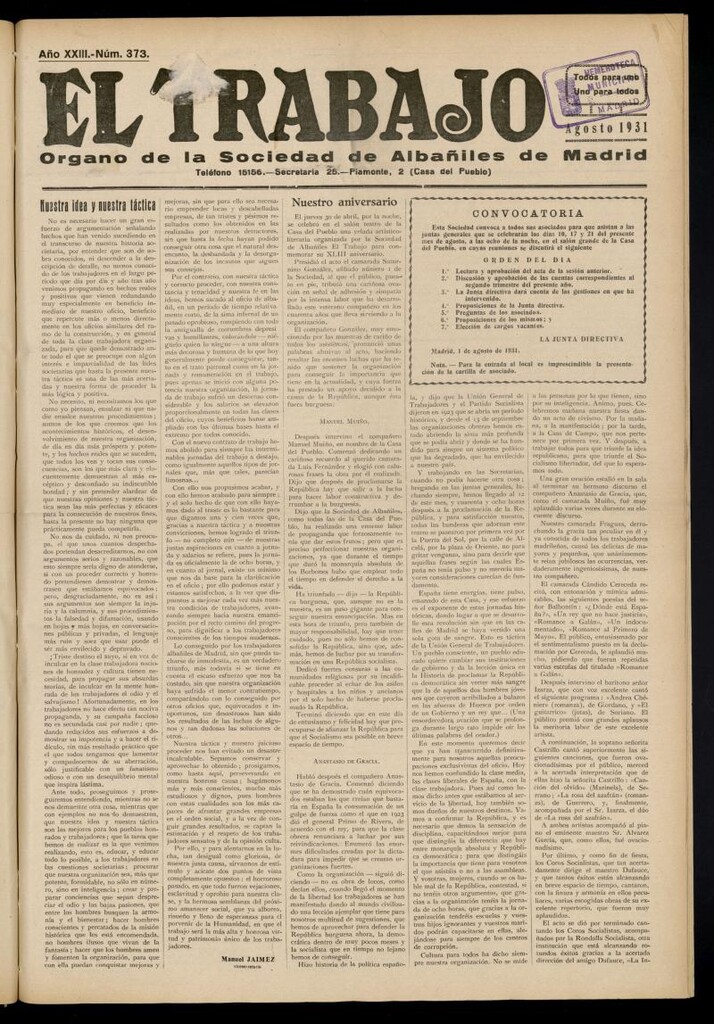 Miniatura de El Trabajo: órgano de la Sociedad de Albañiles de Madrid del 1 de agosto de 1931, nº 373