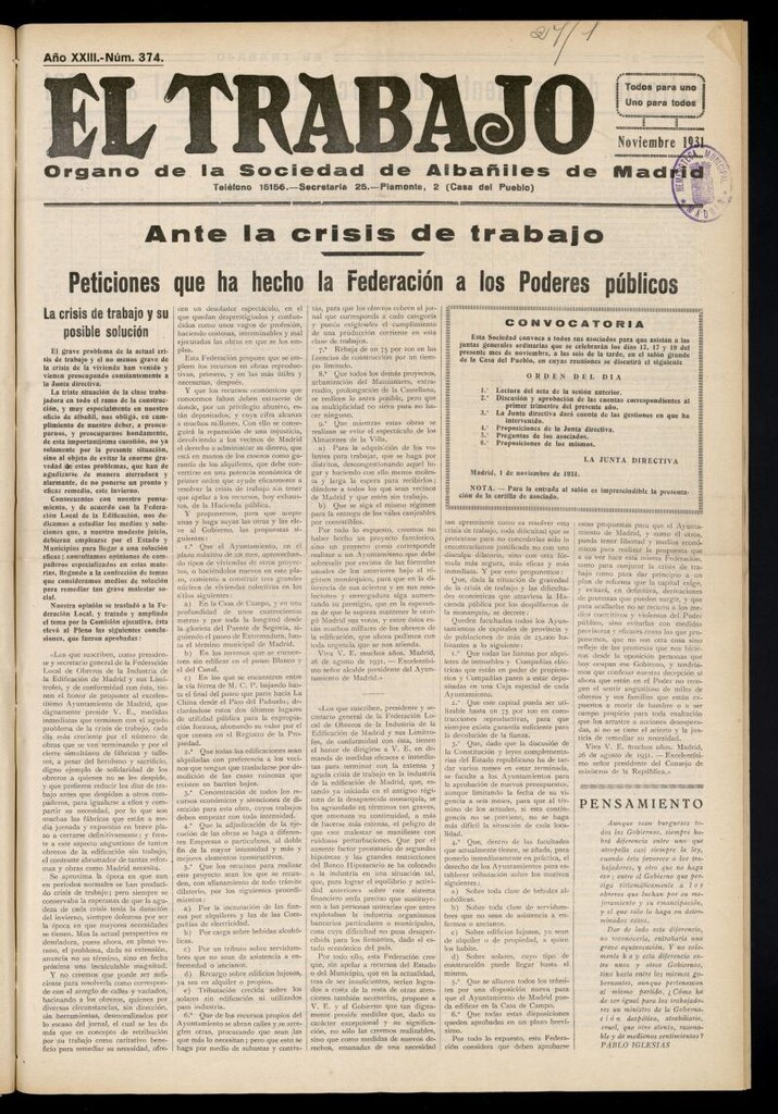 Miniatura de El Trabajo: órgano de la Sociedad de Albañiles de Madrid del 1 de noviembre de 1931, nº 374