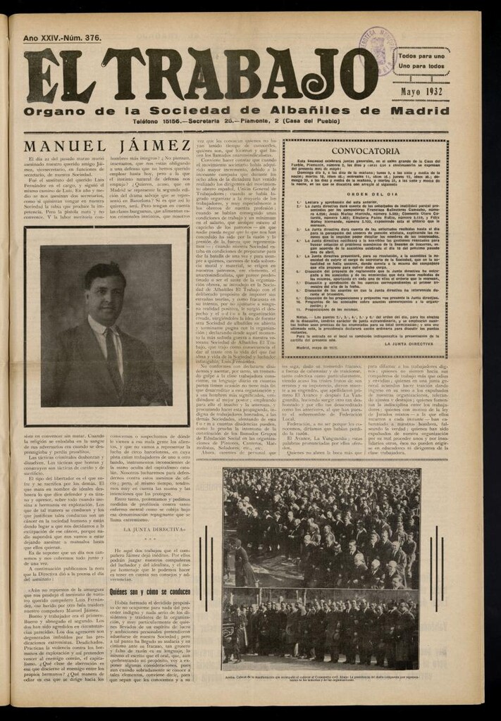 Miniatura de El Trabajo: órgano de la Sociedad de Albañiles de Madrid del 1 de mayo de 1932, nº 376
