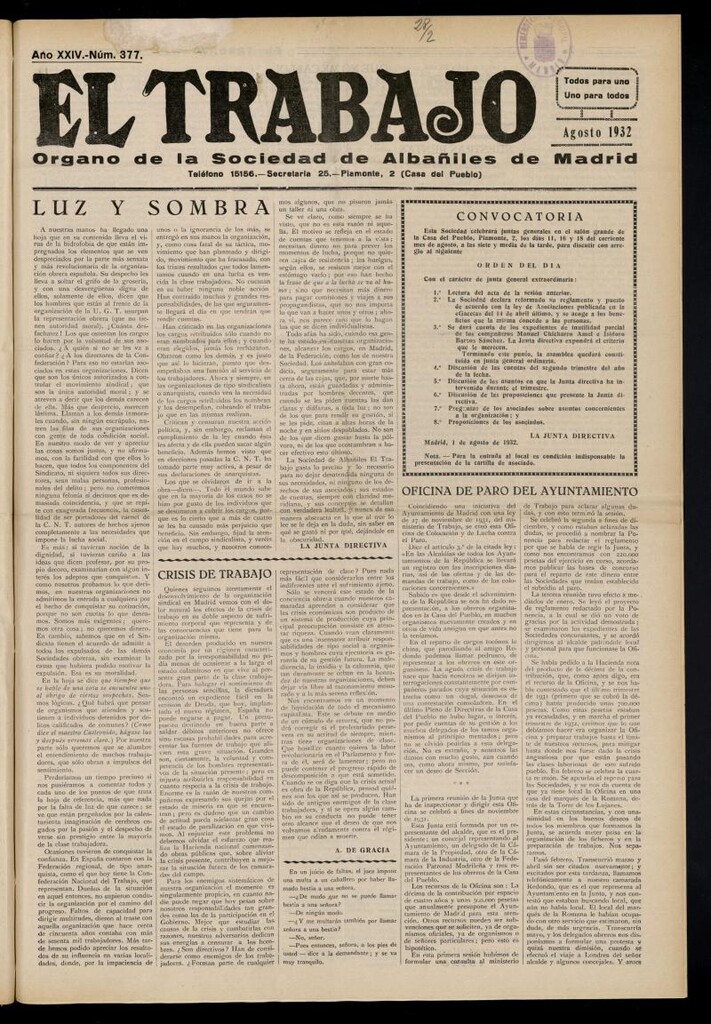 Miniatura de El Trabajo: órgano de la Sociedad de Albañiles de Madrid del 1 de agosto de 1932, nº 377