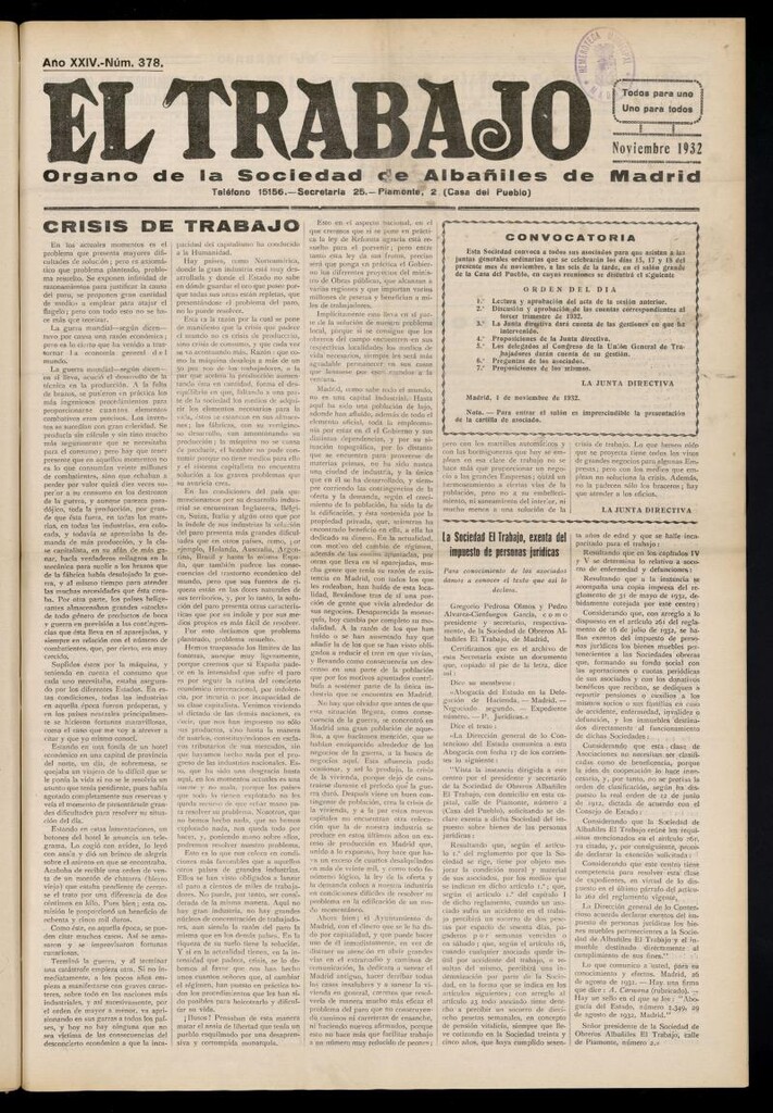 Miniatura de El Trabajo: órgano de la Sociedad de Albañiles de Madrid del 1 de noviembre de 1932, nº 378