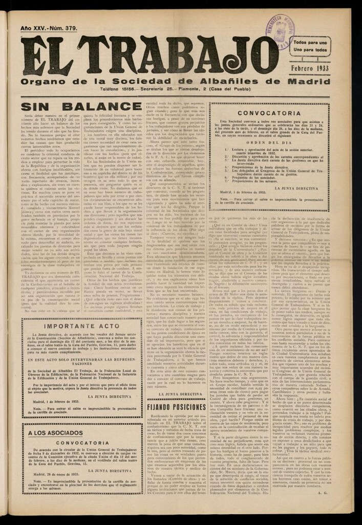 Miniatura de El Trabajo: órgano de la Sociedad de Albañiles de Madrid del 1 de febrero de 1933, nº 379