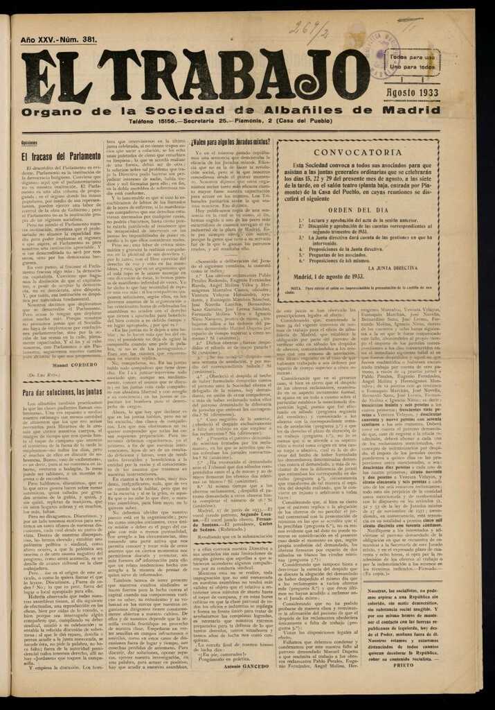 Miniatura de El Trabajo: órgano de la Sociedad de Albañiles de Madrid del 1 de agosto de 1933, nº 381