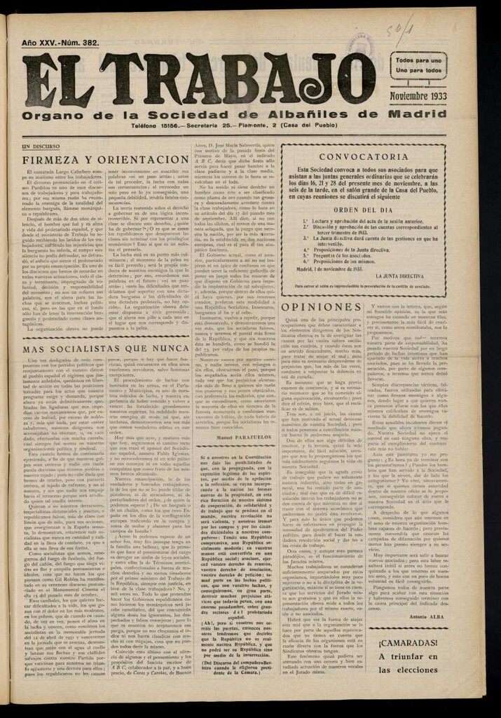 Miniatura de El Trabajo: órgano de la Sociedad de Albañiles de Madrid del 1 de noviembre de 1933, nº 382