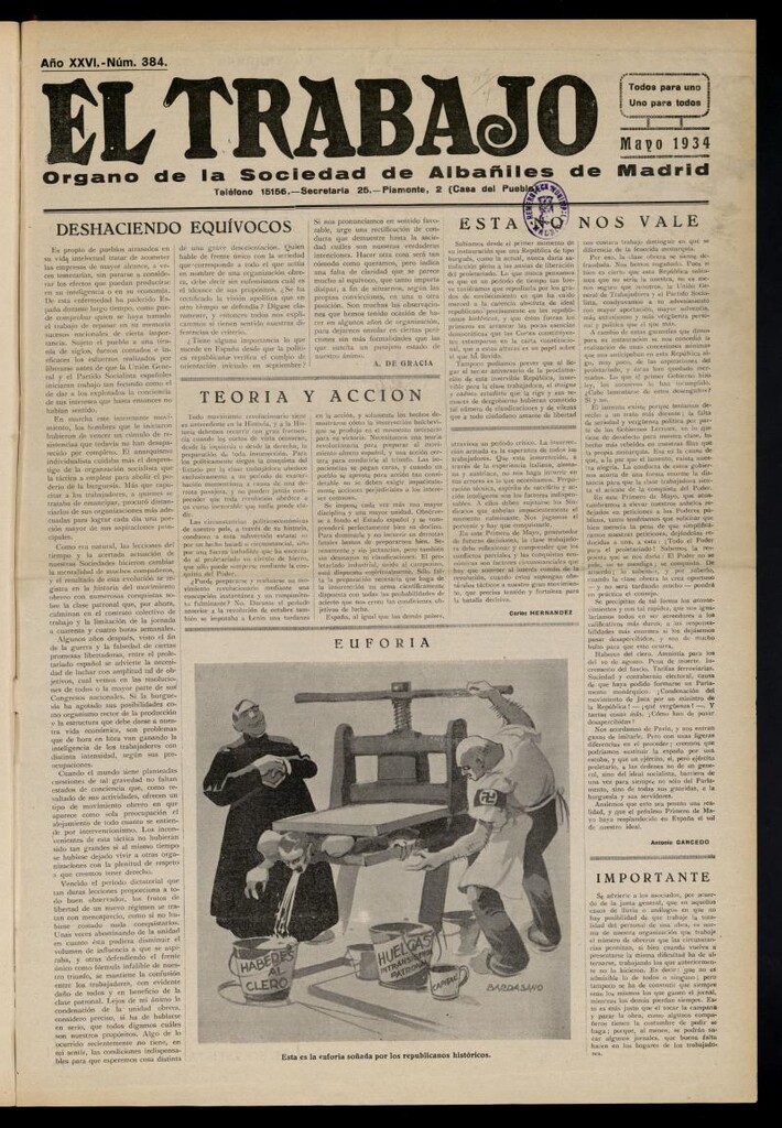 Miniatura de El Trabajo: órgano de la Sociedad de Albañiles de Madrid del 1 de mayo de 1934, nº 384
