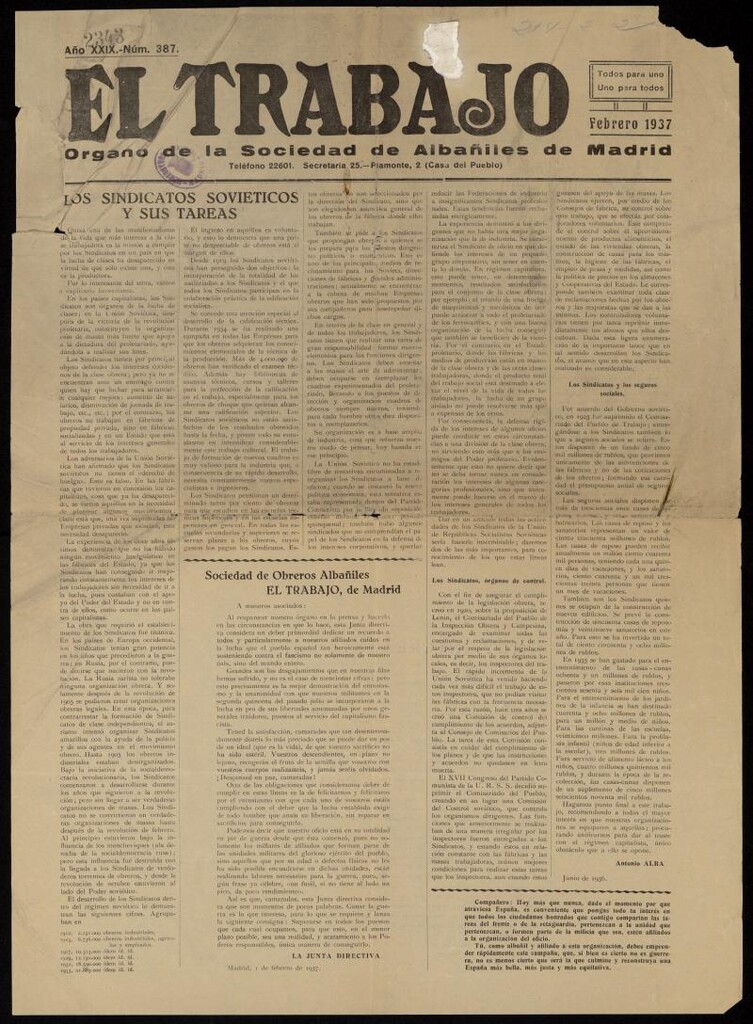 Miniatura de El Trabajo: órgano de la Sociedad de Albañiles de Madrid del 1 de febrero de 1937, nº 387