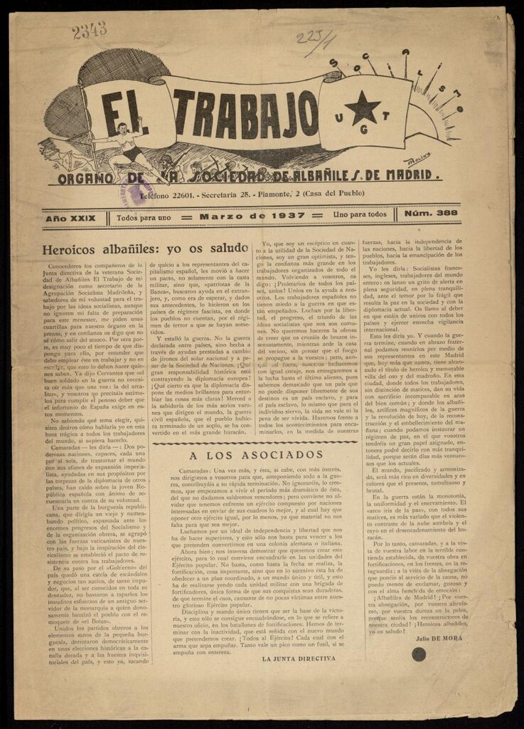 Miniatura de El Trabajo: órgano de la Sociedad de Albañiles de Madrid del 1 de marzo de 1937, nº 388