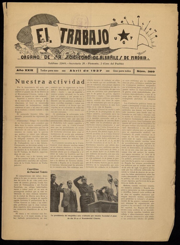 Miniatura de El Trabajo: órgano de la Sociedad de Albañiles de Madrid del 1 de abril de 1937, nº 389
