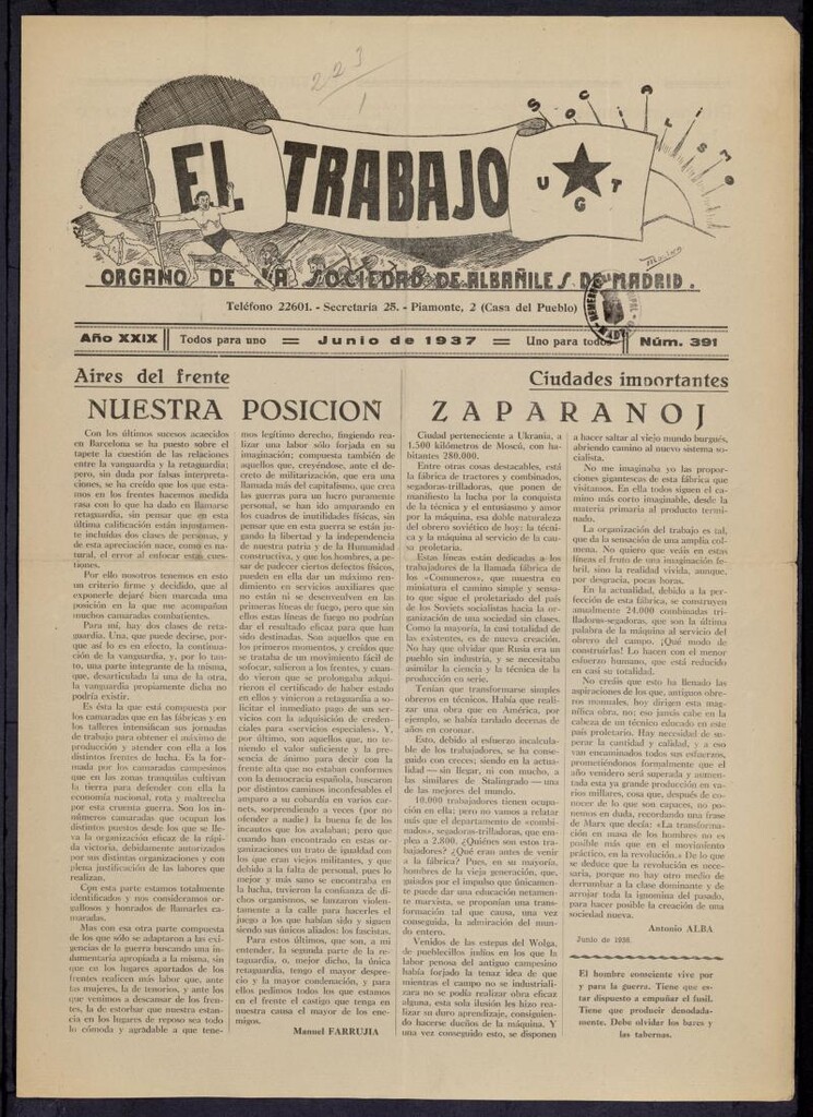 Miniatura de El Trabajo: órgano de la Sociedad de Albañiles de Madrid del 1 de junio 1937, nº 391