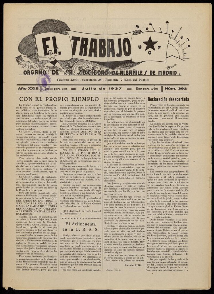 Miniatura de El Trabajo: órgano de la Sociedad de Albañiles de Madrid del 1 de julio de 1937, nº 392