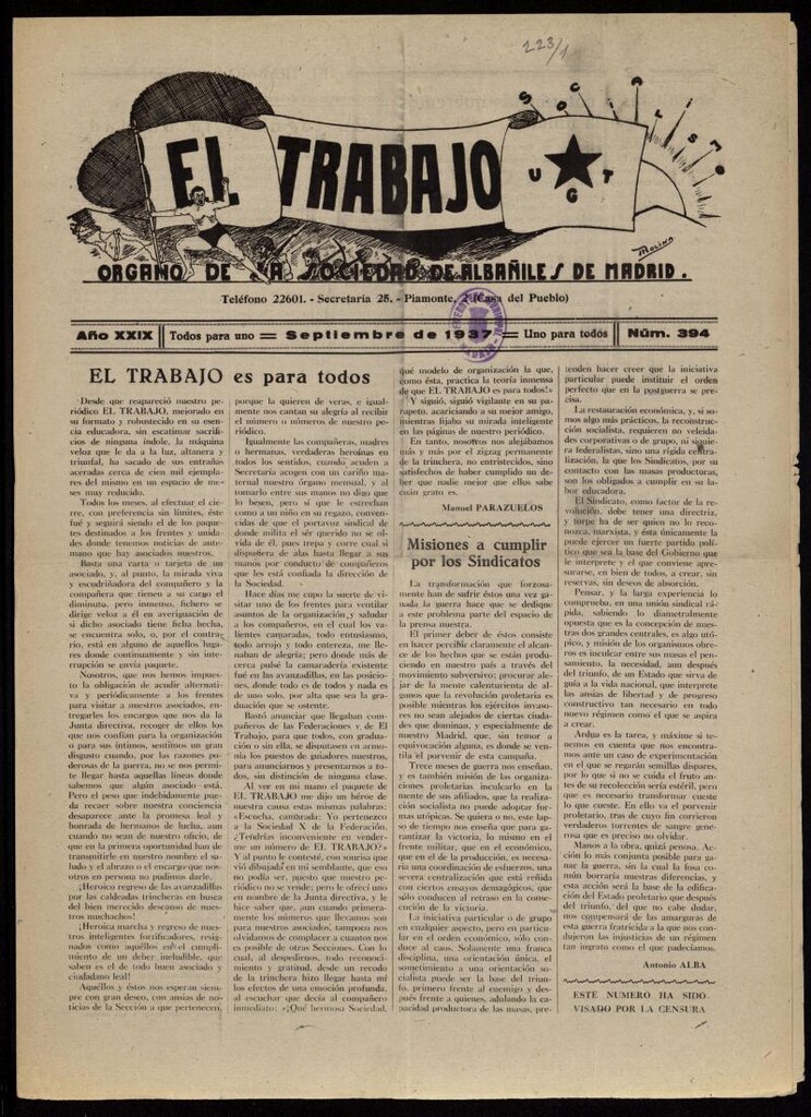 Miniatura de El Trabajo: órgano de la Sociedad de Albañiles de Madrid del 1 de septiembre de 1937, nº 394