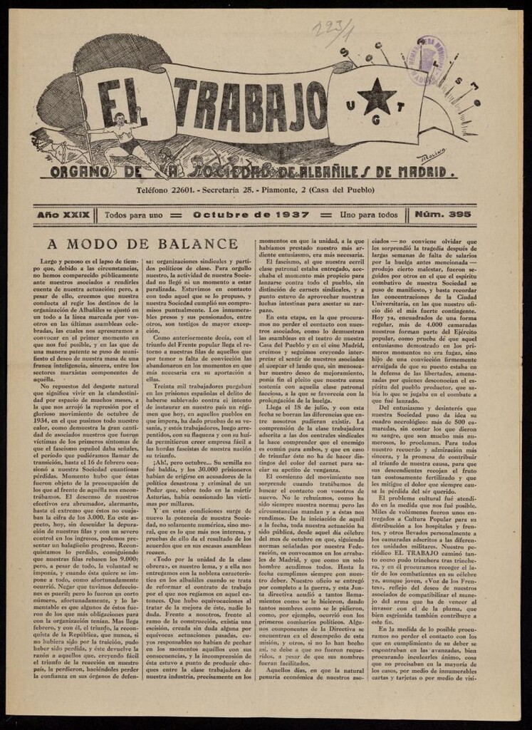 Miniatura de El Trabajo: órgano de la Sociedad de Albañiles de Madrid del 1 de octubre de 1937, nº 395