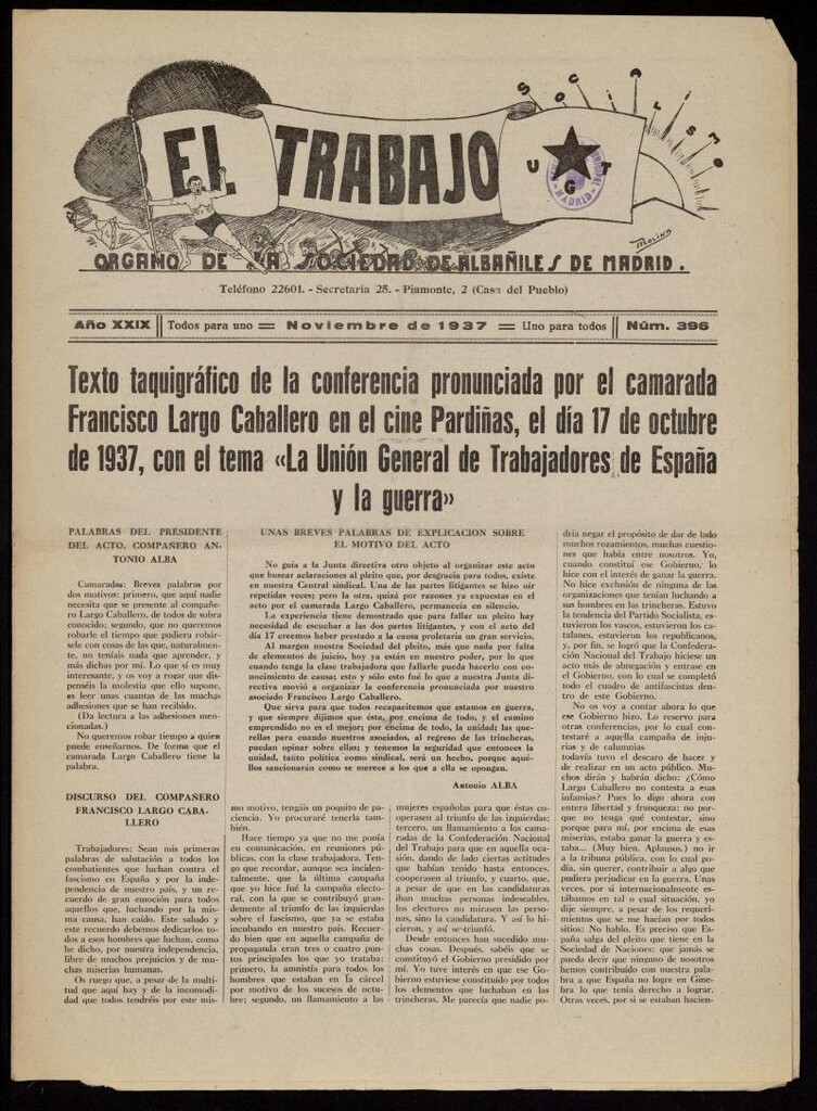 Miniatura de El Trabajo: órgano de la Sociedad de Albañiles de Madrid del 1 de noviembre de 1937, nº 396