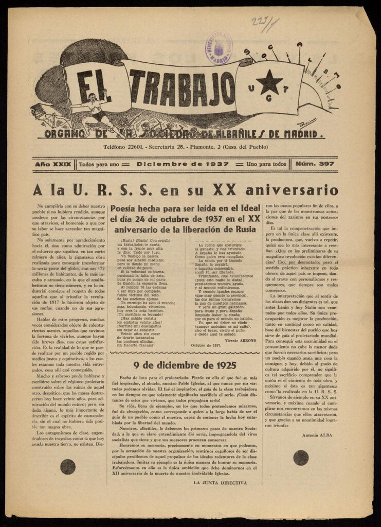 Miniatura de El Trabajo: órgano de la Sociedad de Albañiles de Madrid del 1 de diciembre de 1937, nº 397
