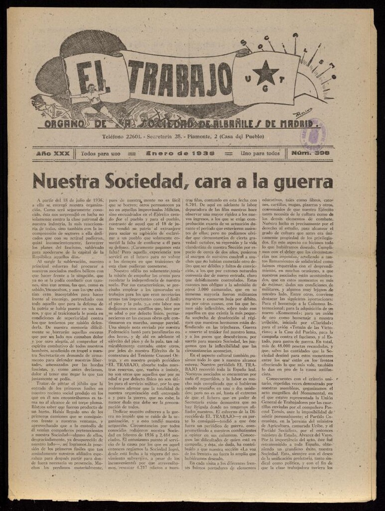Miniatura de El Trabajo: órgano de la Sociedad de Albañiles de Madrid del 1 de enero de 1938, nº 398