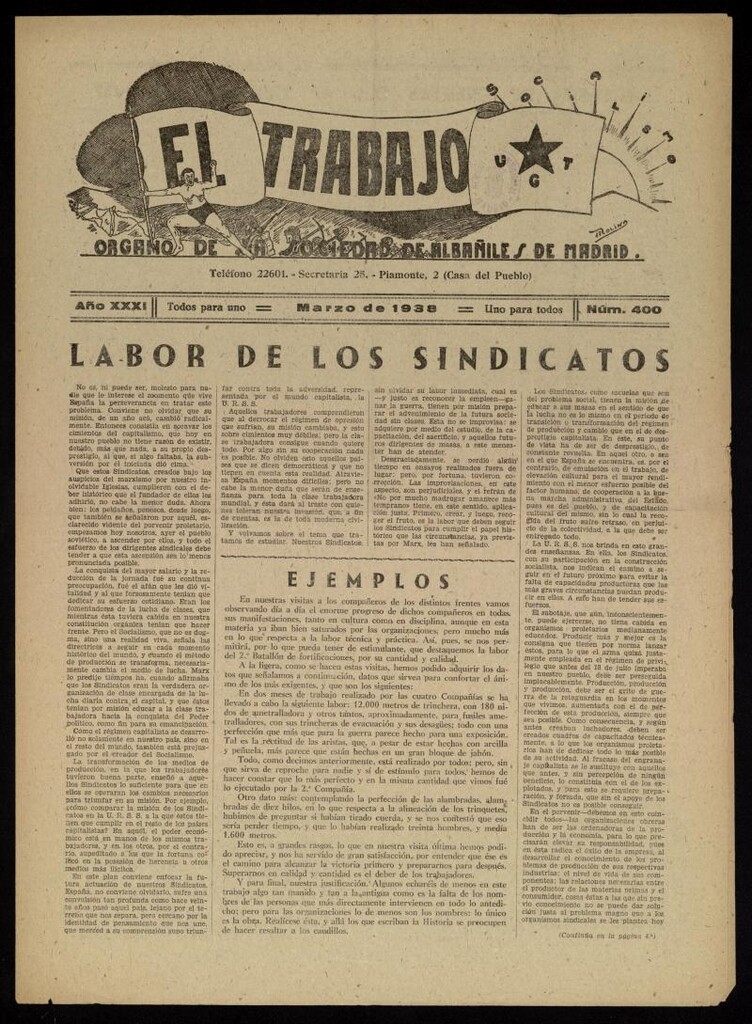 Miniatura de El Trabajo: órgano de la Sociedad de Albañiles de Madrid del 1 de marzo de 1938, nº 400