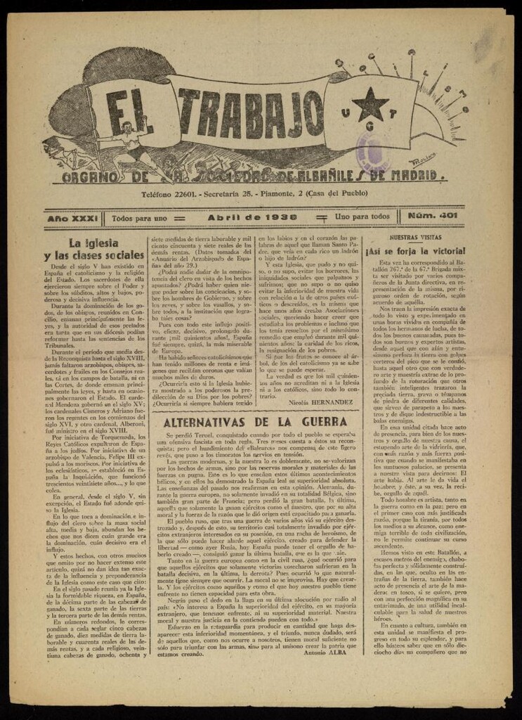 Miniatura de El Trabajo: órgano de la Sociedad de Albañiles de Madrid del 1 de abril de 1938, nº 401