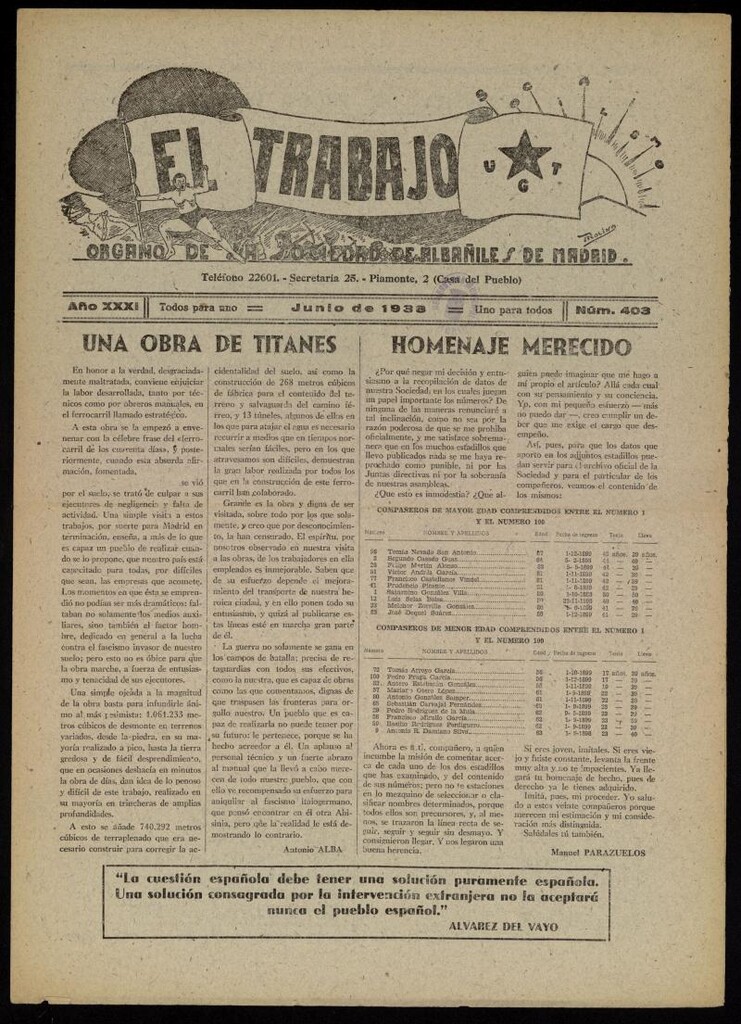 Miniatura de El Trabajo: órgano de la Sociedad de Albañiles de Madrid del 1 de junio de 1938, nº 403