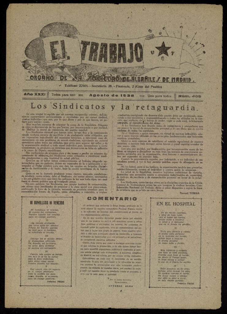 Miniatura de El Trabajo: órgano de la Sociedad de Albañiles de Madrid del 1 de agosto de 1938, nº 405