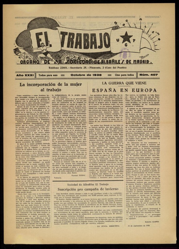 Miniatura de El Trabajo: órgano de la Sociedad de Albañiles de Madrid del 1 de octubre de 1938, nº 407