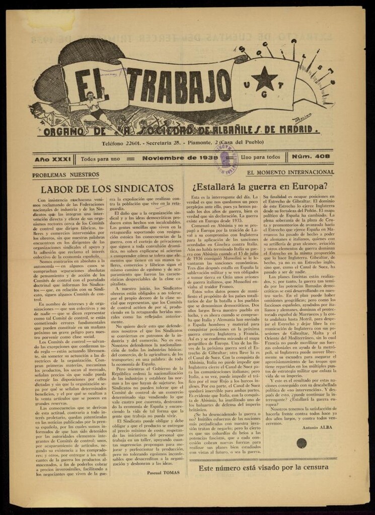 Miniatura de El Trabajo: órgano de la Sociedad de Albañiles de Madrid del 1 de noviembre de 1938, nº 408