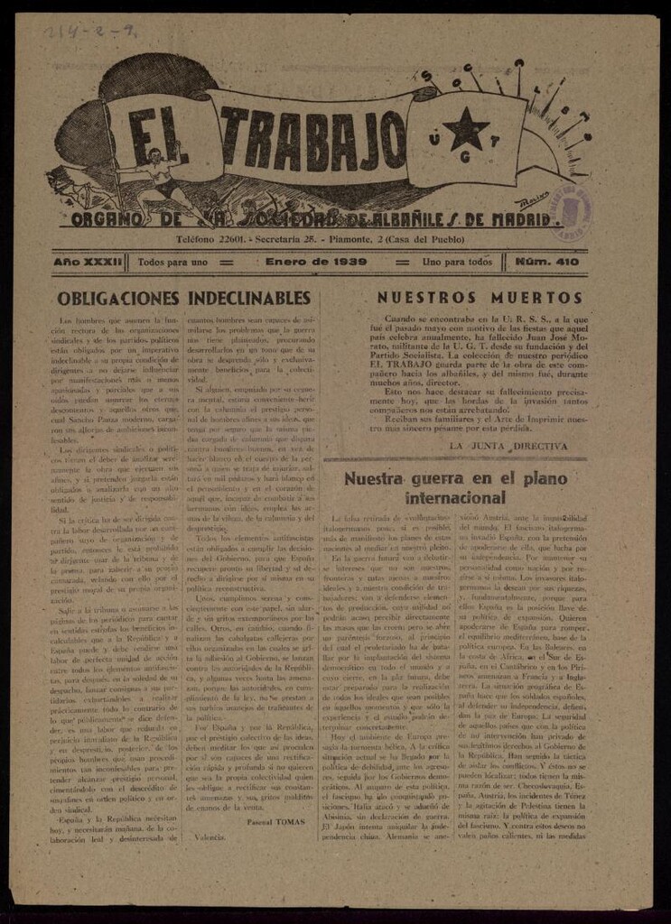 Miniatura de El Trabajo: órgano de la Sociedad de Albañiles de Madrid del 1 de enero de 1939, nº 410