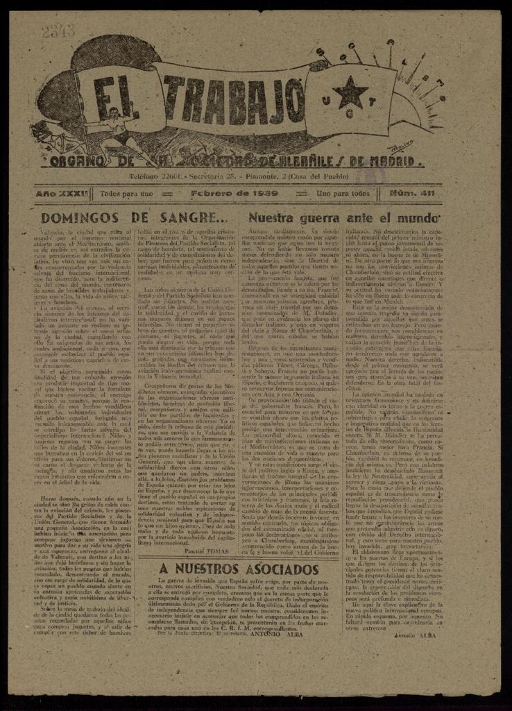 Miniatura de El Trabajo: órgano de la Sociedad de Albañiles de Madrid del 1 de febrero de 1939, nº 411