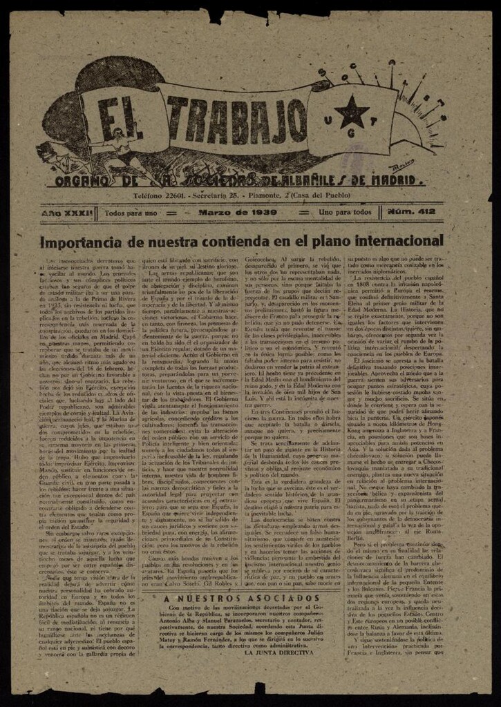 Miniatura de El Trabajo: órgano de la Sociedad de Albañiles de Madrid del 1 de marzo de 1939, nº 412