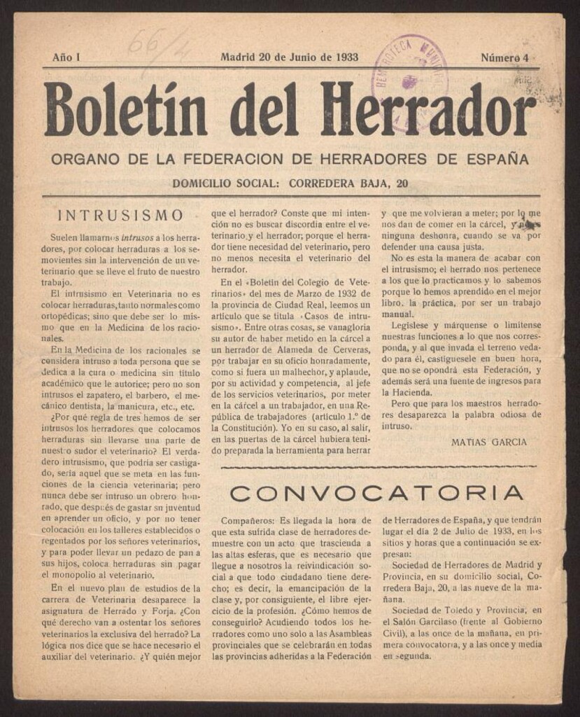 Miniatura de Boletín del Herrador : órgano de la Federación de Herradores de España del 20 de junio de 1933, nº 4