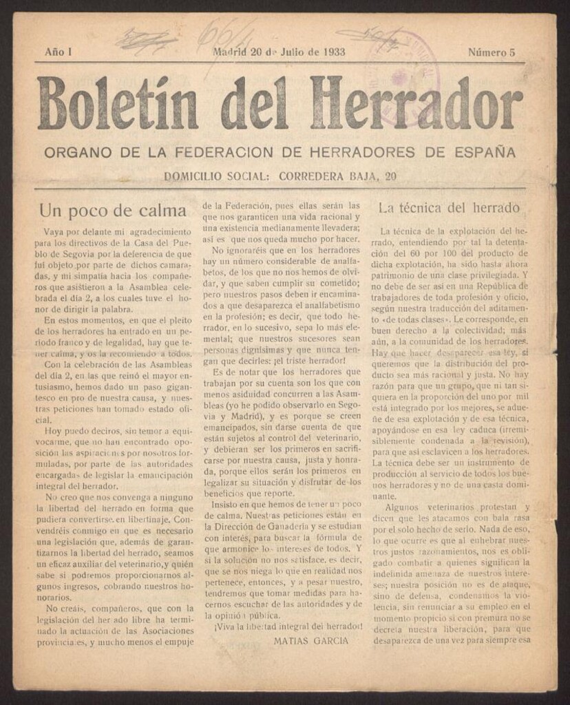 Miniatura de Boletín del Herrador : órgano de la Federación de Herradores de España del 20 de julio de 1933, nº 5