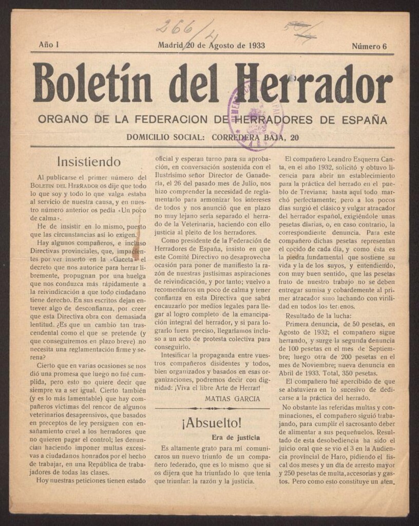 Miniatura de Boletín del Herrador del 20 de agosto de 1933, nº 6