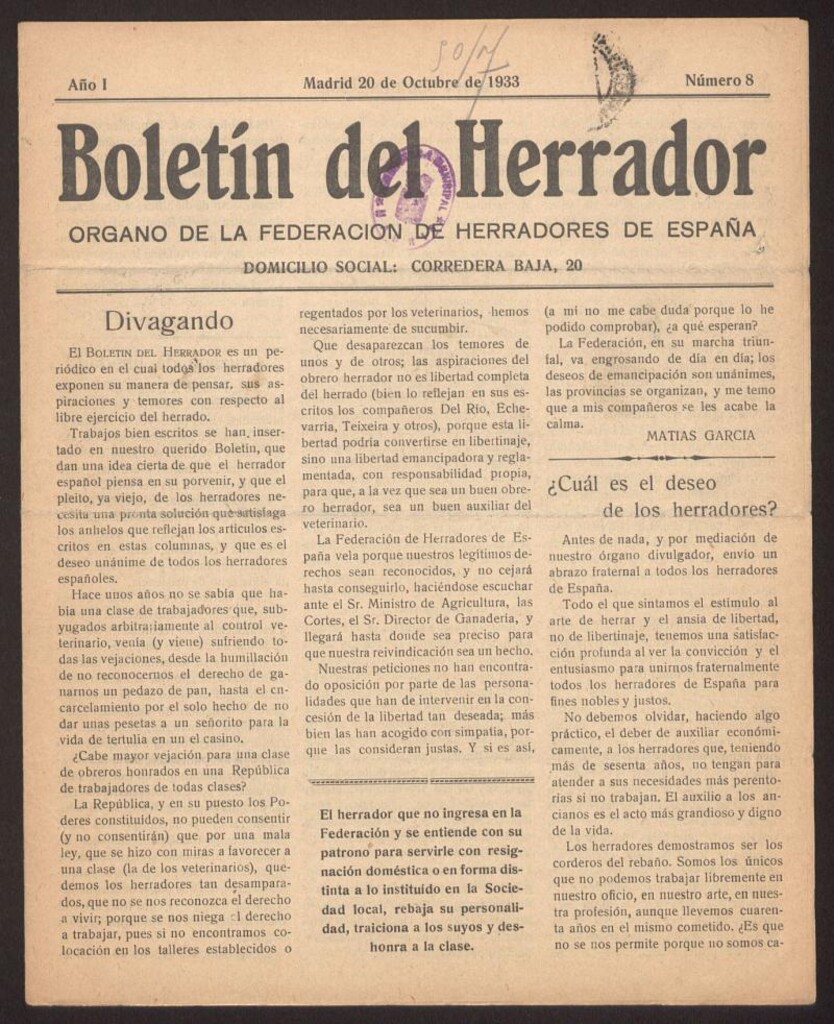 Miniatura de Boletín del Herrador del 20 de octubre de 1933, nº 8