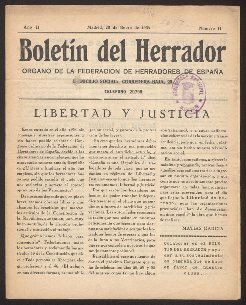 Miniatura de Boletín del Herrador del 20 de enero de 1934, nº 11