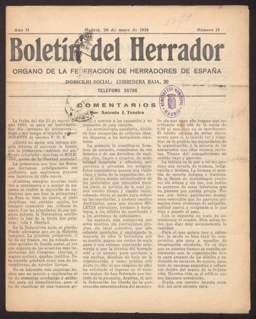 Miniatura de Boletín del Herrador : órgano de la Federación de Herradores de España del 20 de mayo de 1934, nº 15