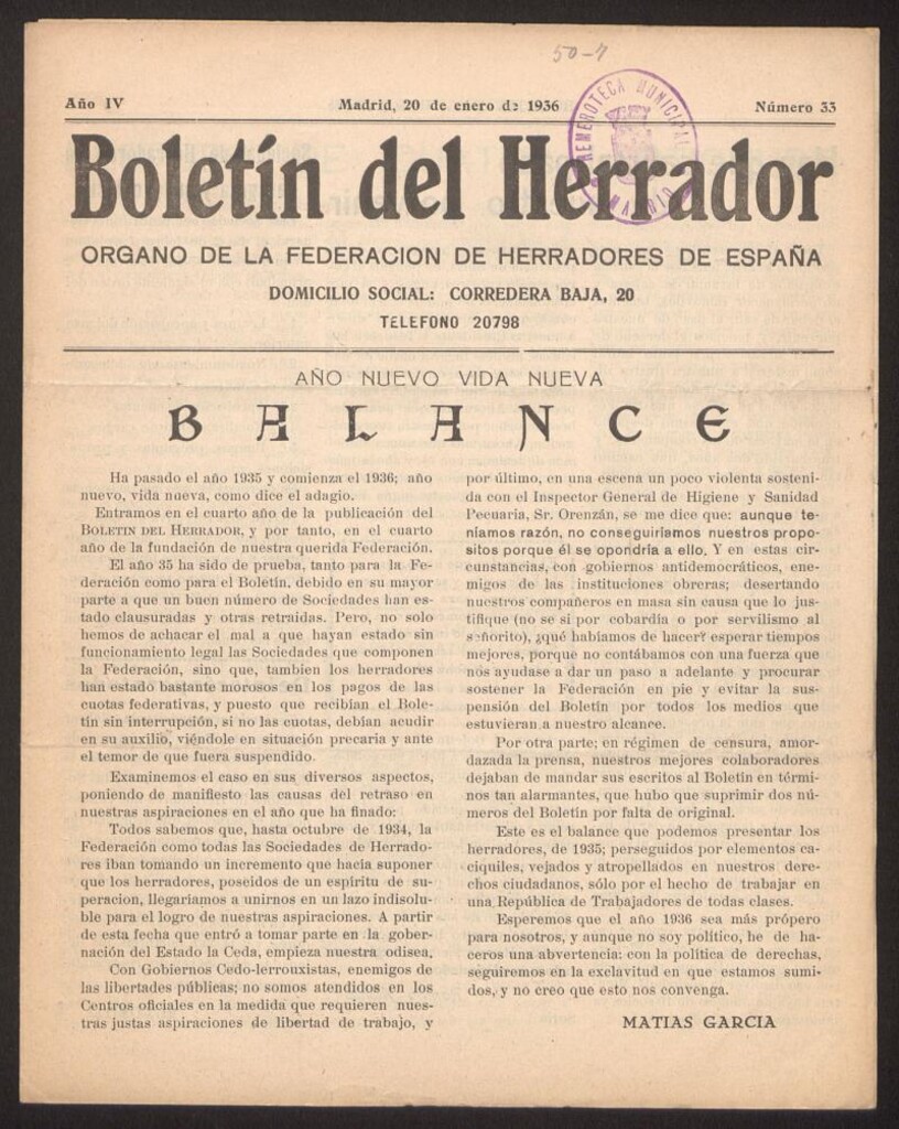 Miniatura de Boletín del Herrador del 20 de enero de 1936, nº 33